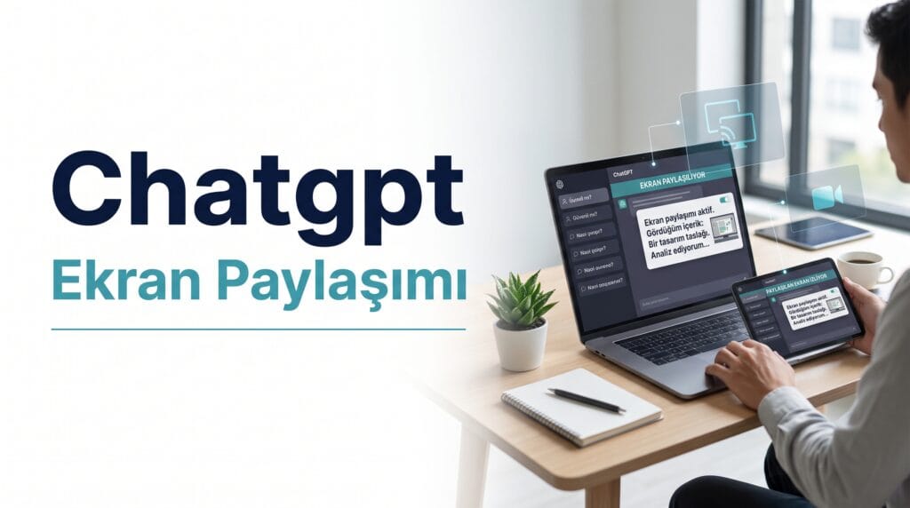 ChatGPT mobil uygulamasında Advanced Voice kullanırken telefon ekranını paylaşma ve ekrandaki uygulama için yapay zekâ yardımı alma sürecini gösteren kapak görseli.