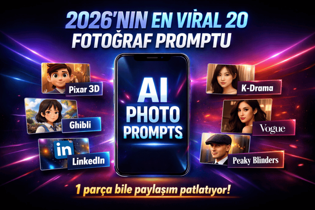 2026'nın En Viral 20 AI Fotoğraf Promptu (Pixar, Ghibli, Kore Dizisi, Vogue, Peaky Blinders)