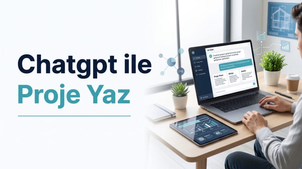Bilgisayar ekranında ChatGPT sohbeti, proje planı, takvim, görev listesi ve bütçe grafikleri bulunan yapay zekâ destekli proje hazırlama görseli.