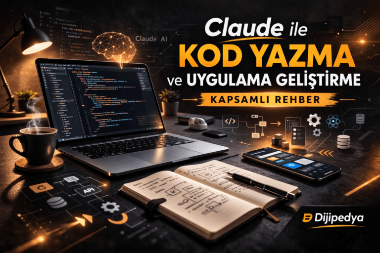 Claude ile kod yazma ve uygulama geliştirme, laptop ekranında kod editörü ve mobil uygulama arayüzü gösteriyor