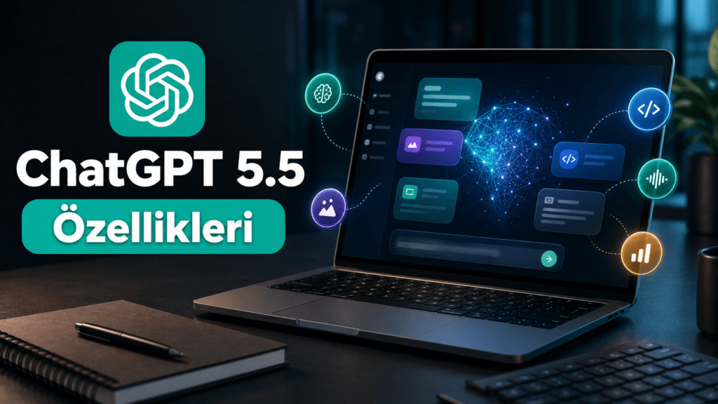 ChatGPT 5.5 arayüzü, yazılım kodu, veri analizi grafikleri ve araştırma belgelerini bir arada gösteren yapay zekâ odaklı teknoloji görseli.