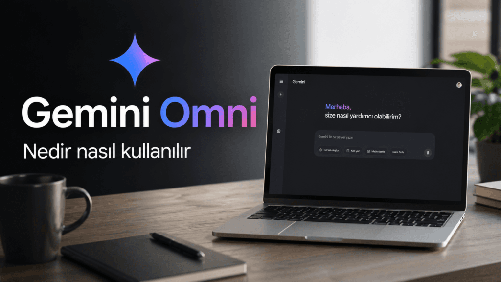 Metin, fotoğraf, ses ve video simgelerinin Gemini Omni yapay zekâsında birleşerek sinematik bir video sahnesine dönüştüğünü gösteren kapak görseli.