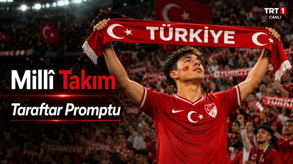 Gece oynanan millî takım maçında Türk bayrakları sallayan, kırmızı-beyaz formalar giyen coşkulu taraftarların bulunduğu yapay zekâ üretimi stadyum sahnesi.