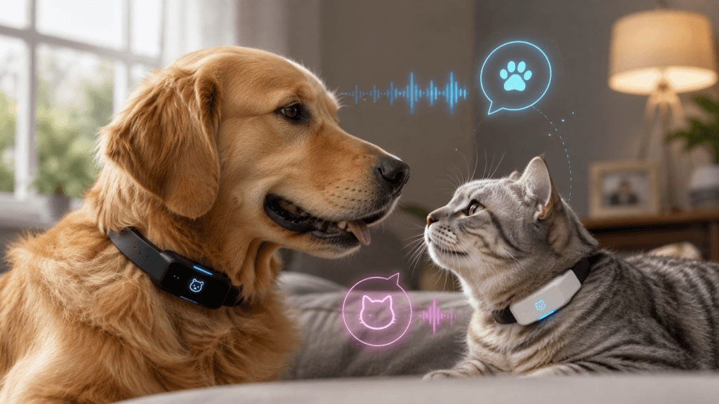 Boynunda yapay zekâ destekli akıllı tasma bulunan bir köpek ile telefonda evcil hayvanın duygusunu gösteren mobil uygulama ekranı.