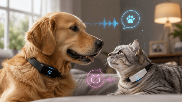 Boynunda yapay zekâ destekli akıllı tasma bulunan bir köpek ile telefonda evcil hayvanın duygusunu gösteren mobil uygulama ekranı.