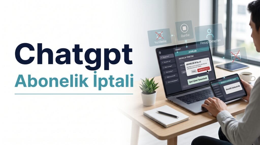metin ChatGPT ayarlar ekranında faturalandırma bölümü, abonelik planı ve “Planı İptal Et” seçeneğini gösteren dijital görsel.