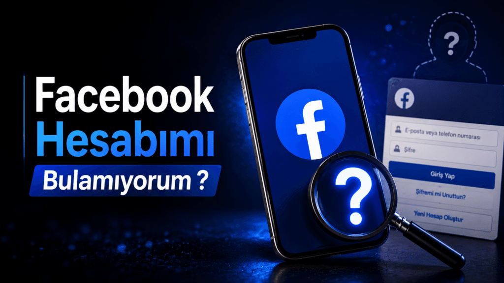 Facebook hesabını bulamama sorununda hesap arama, şifre yenileme ve güvenlik doğrulaması adımlarını gösteren Facebook temalı kapak görseli.