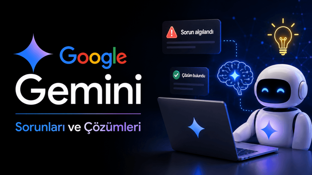 Google Gemini açılmama, bağlantı ve yanıt hatalarını çözmek için önbellek temizleme, güncelleme ve hesap ayarlarını temsil eden kapak görseli.