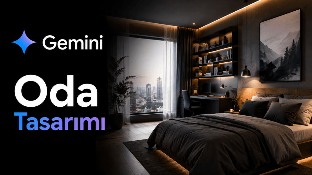 Bir odanın mevcut hâli ile Gemini yapay zekâ tarafından yeniden dekore edilmiş modern hâlini gösteren önce ve sonra tasarım görseli.