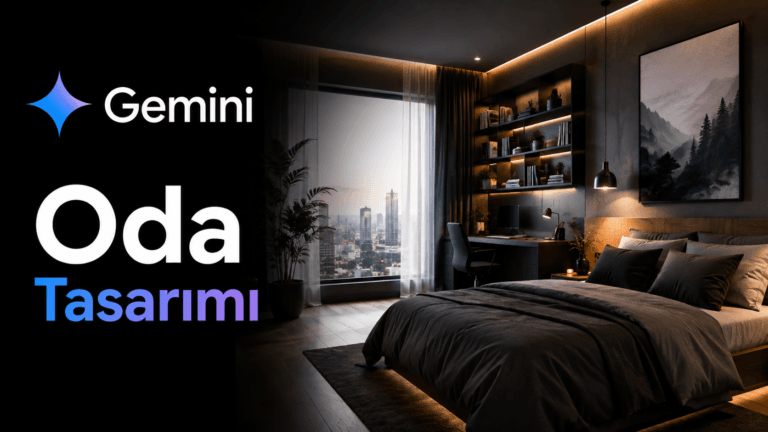 Bir odanın mevcut hâli ile Gemini yapay zekâ tarafından yeniden dekore edilmiş modern hâlini gösteren önce ve sonra tasarım görseli.