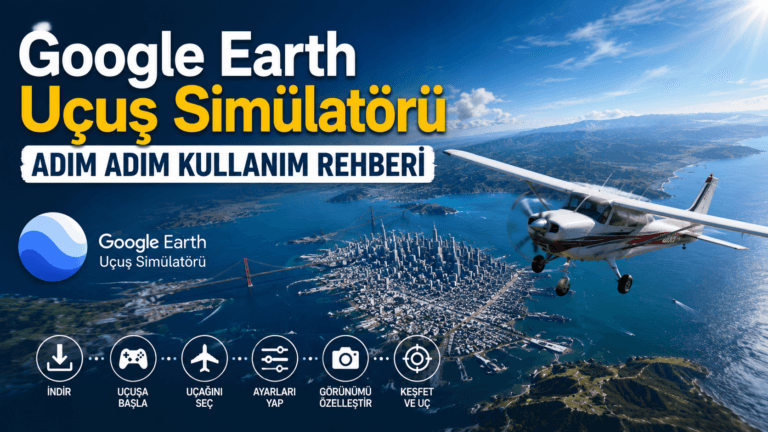 Google Earth uçuş simülatörü, şehir üzerinde uçan bir uçak ve altında indir, uçağını seç, ayarları yap adımlarını gösteriyor