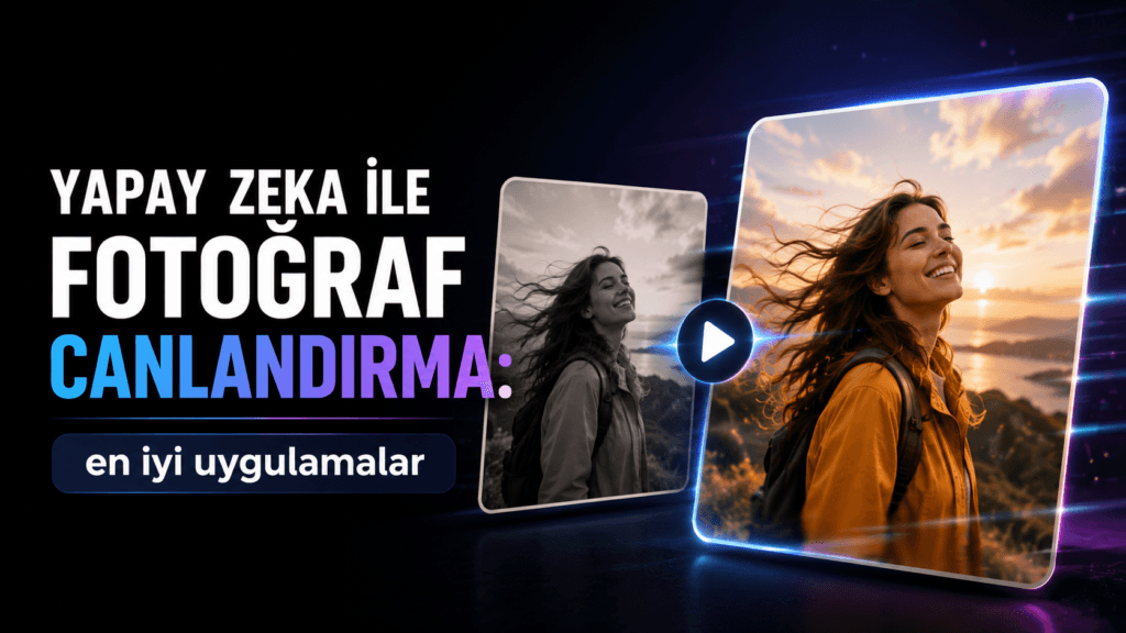Bir portre fotoğrafının yapay zekâ kullanılarak göz kırpma, gülümseme ve hafif kamera hareketleri içeren kısa videoya dönüştüğünü gösteren önce ve sonra görseli.