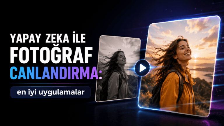 Bir portre fotoğrafının yapay zekâ kullanılarak göz kırpma, gülümseme ve hafif kamera hareketleri içeren kısa videoya dönüştüğünü gösteren önce ve sonra görseli.