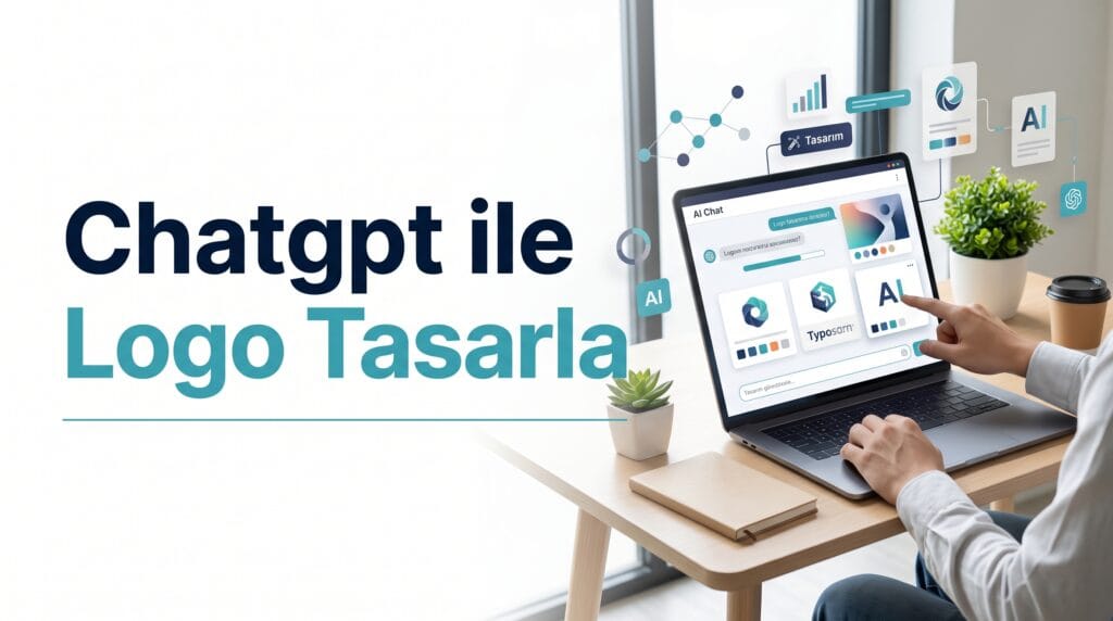 ChatGPT sohbet ekranında yazılan logo tasarım promptunun, renk paleti ve eskizlerin yanında modern bir marka logosuna dönüştüğünü gösteren görsel.