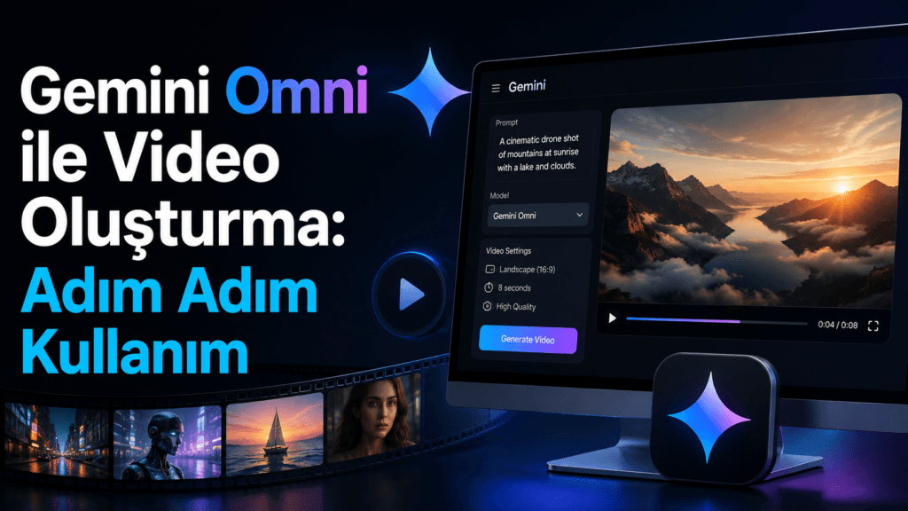 Gemini Omni ekranında komut kutusu, model ve video ayarları; sağda dağlar ve göl manzaralı üretilmiş bir video önizlemesi