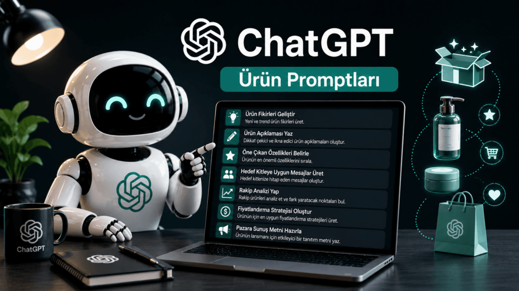 ChatGPT ürün promptları, robot karakter laptop ekranında hazır ürün geliştirme prompt listesi gösteriyor