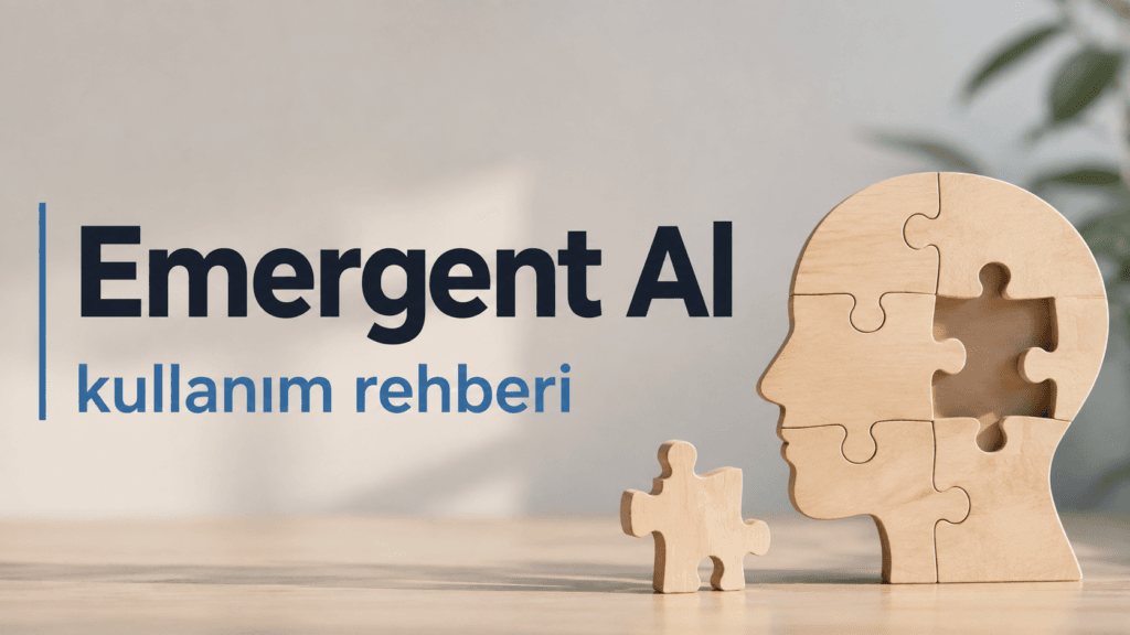 Emergent AI kullanım rehberi, ahşap yapboz parçalarından oluşan bir kafa silueti ve eksik parça gösteriyor