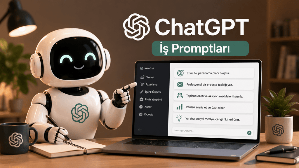 ChatGPT iş promptları, robot karakter laptop ekranında hazır prompt listesi gösteriyor