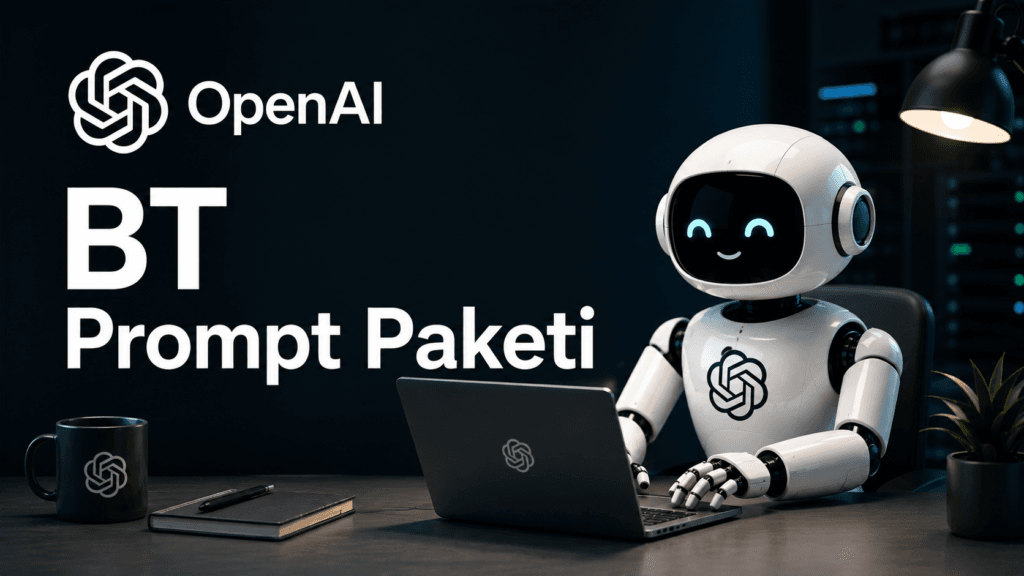 OpenAI BT prompt paketi, robot karakter sunucu odasında laptopta çalışıyor
