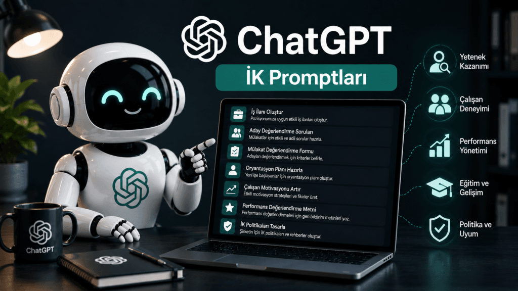 ChatGPT İK promptları, robot karakter laptop ekranında hazır insan kaynakları prompt listesi gösteriyor