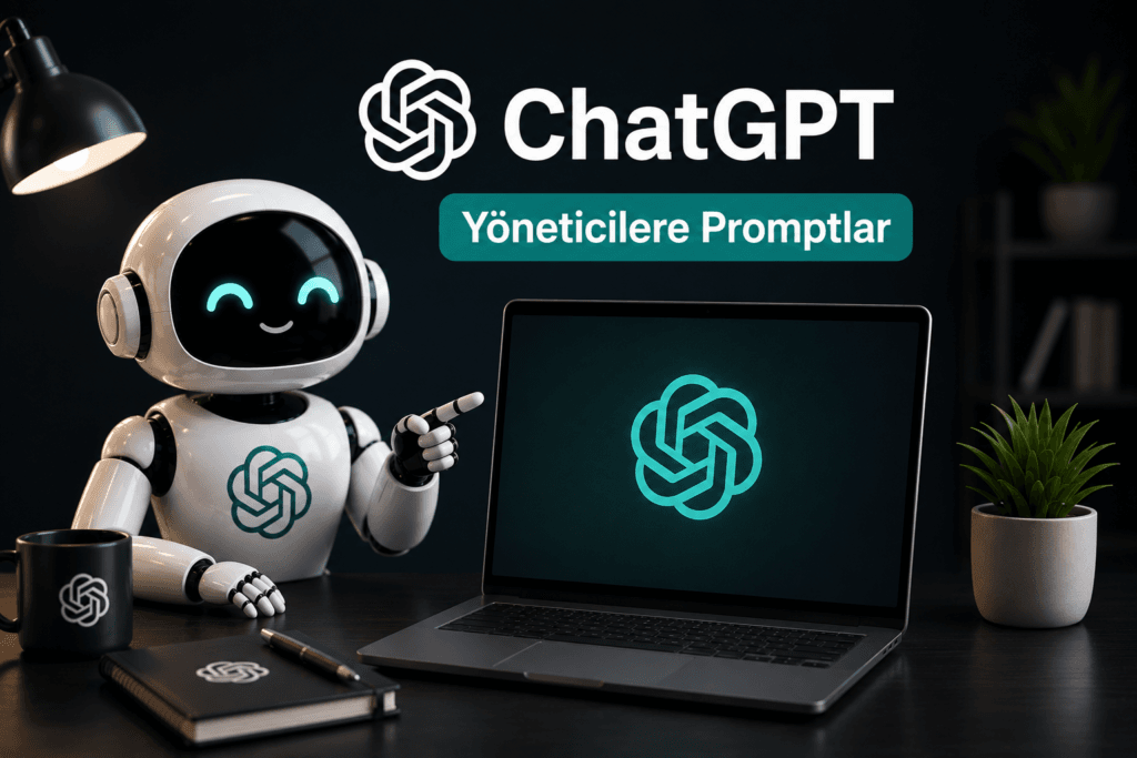 ChatGPT yönetici promptları, robot karakter laptop ekranında OpenAI logosunu gösteriyor