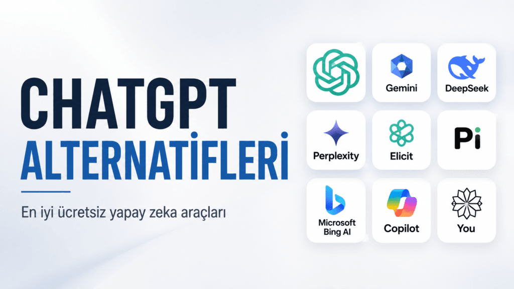 ChatGPT alternatifleri, ChatGPT, Gemini, DeepSeek, Perplexity, Copilot gibi yapay zeka araçlarının logolarını gösteriyor