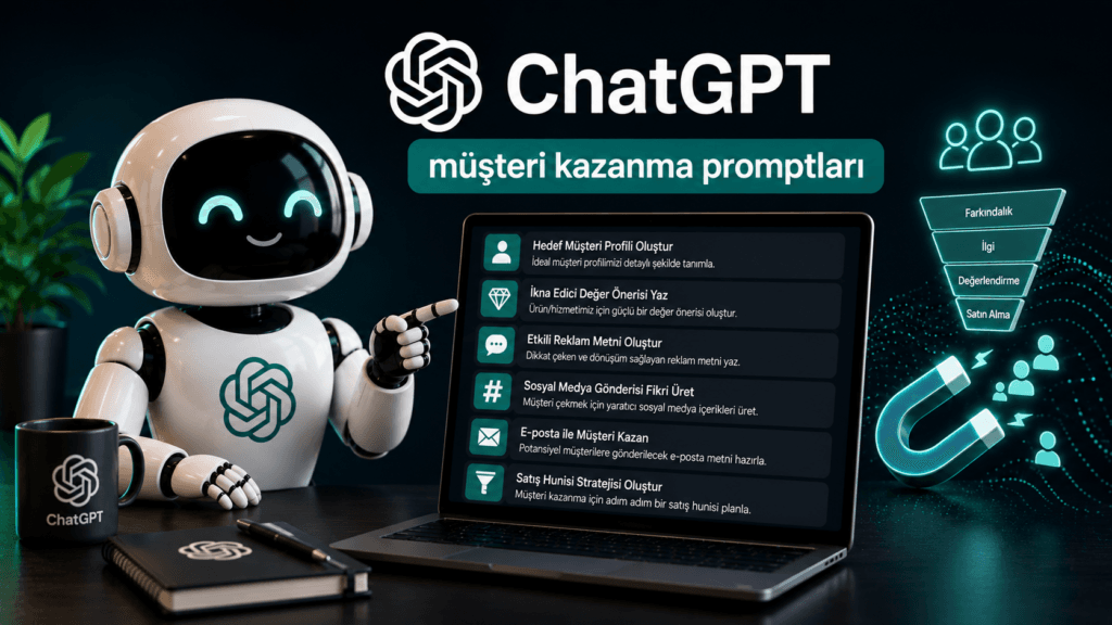 ChatGPT müşteri başarı promptları, robot karakter laptop ekranında hazır prompt listesi gösteriyor