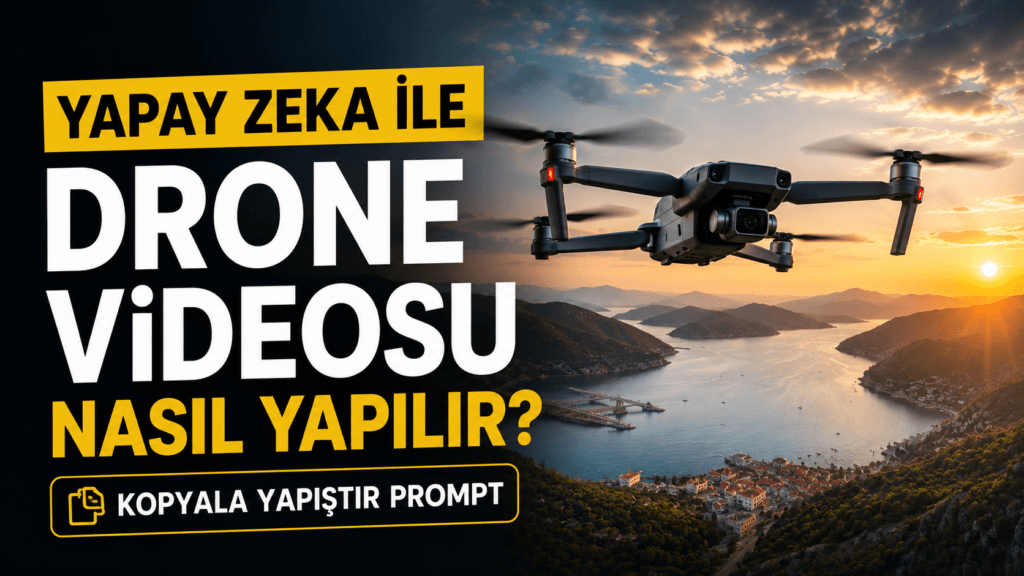 Gün batımında koy ve kıyı kasabası üzerinde süzülen drone; havadan çekim manzarası