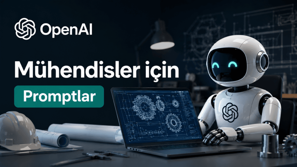 OpenAI mühendisler için promptlar, robot karakter laptop ekranında teknik çizim ve mühendislik şeması gösteriyor