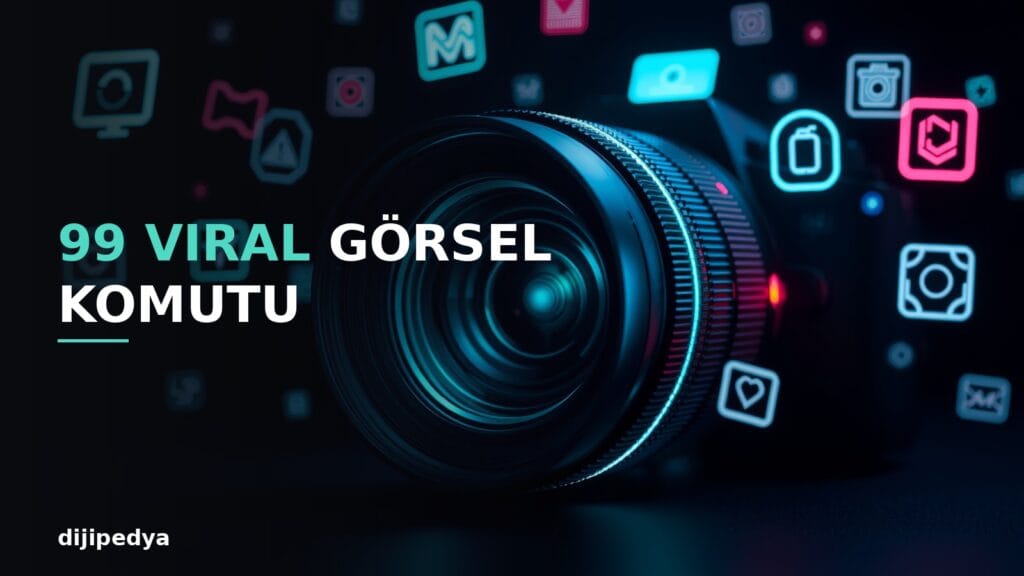 99 viral yapay zeka görsel komutu kapak görseli, ışıklı ikonlarla çevrili bir kamera lensi