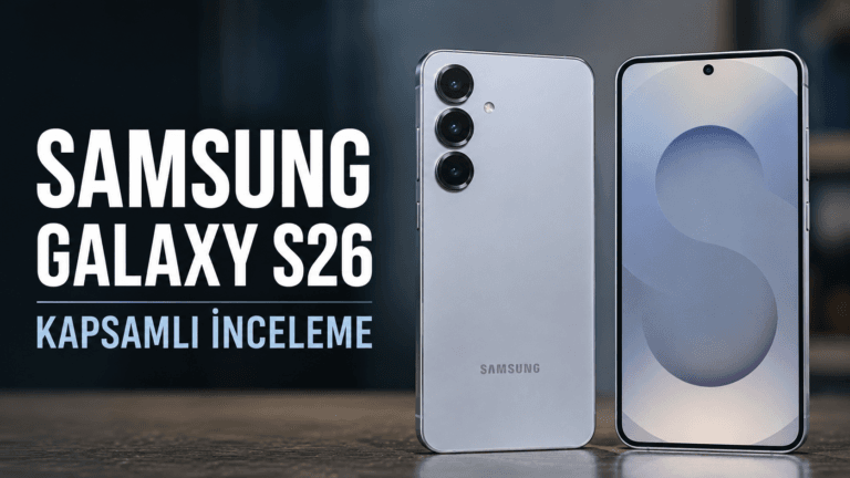 Samsung Galaxy S26 Ultra kapsamlı inceleme, telefonun arka kamera modülü ve ön ekranını yan yana gösteriyor