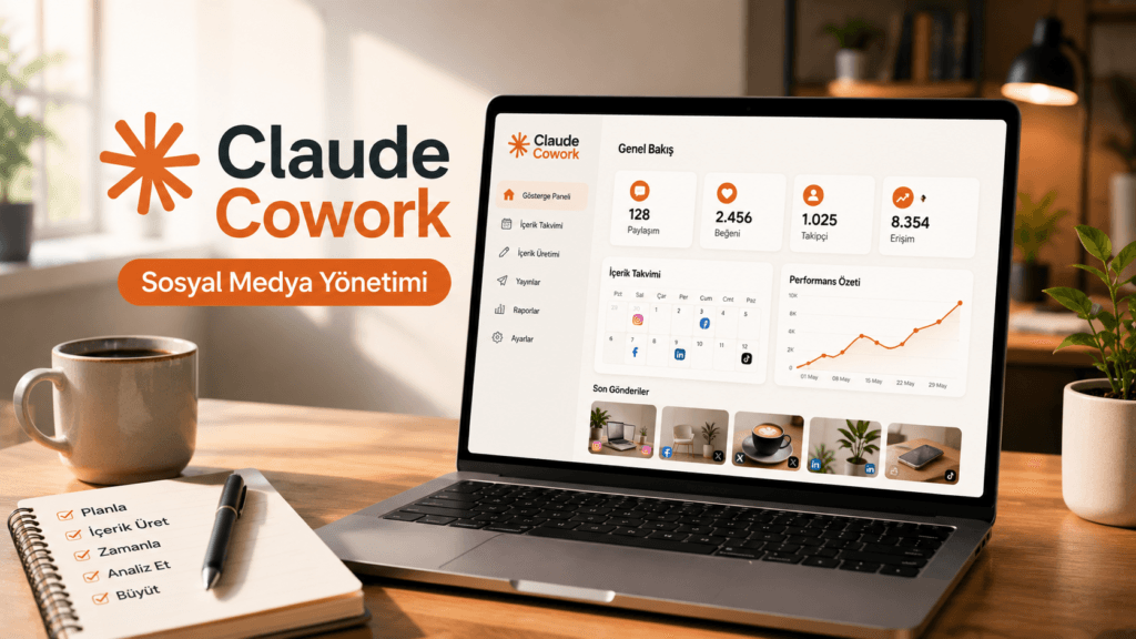 Claude Cowork ile sosyal medya yönetimi kapak görseli, kod yazmadan otomasyon