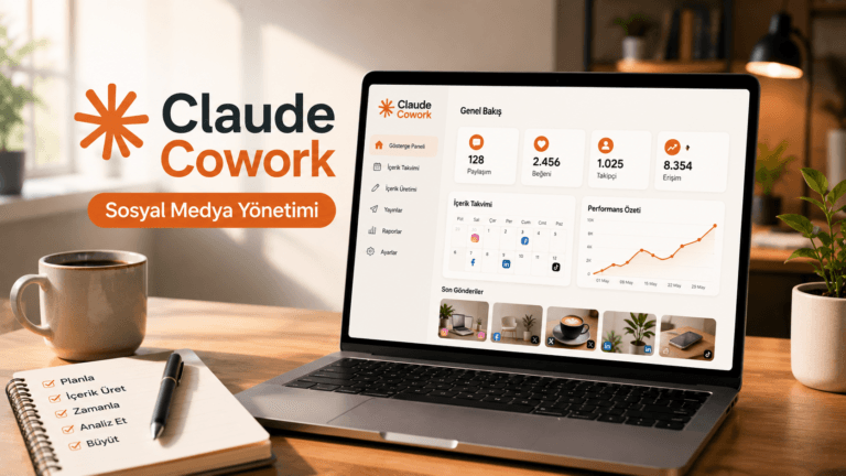 Claude Cowork ile sosyal medya yönetimi kapak görseli, kod yazmadan otomasyon