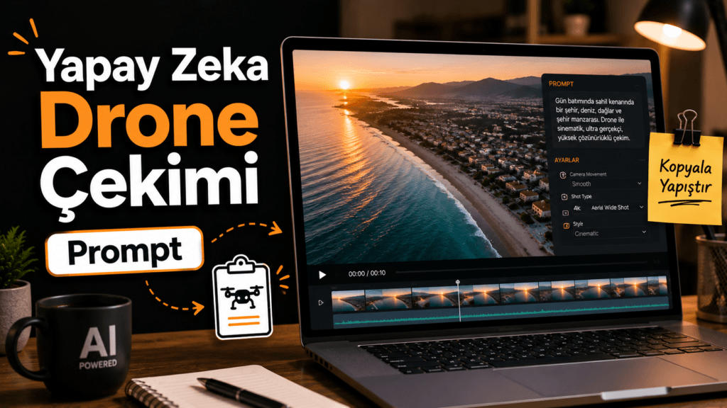 Yapay zeka video araçlarında gerçekçi drone çekimleri oluşturmak için kullanılabilecek hazır prompt.