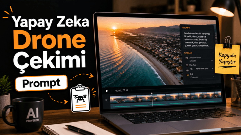 Yapay zeka video araçlarında gerçekçi drone çekimleri oluşturmak için kullanılabilecek hazır prompt.