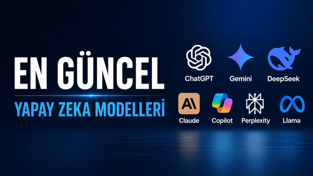 En güncel yapay zeka modelleri, ChatGPT, Gemini, DeepSeek, Claude, Copilot, Perplexity ve Llama logolarını gösteriyor