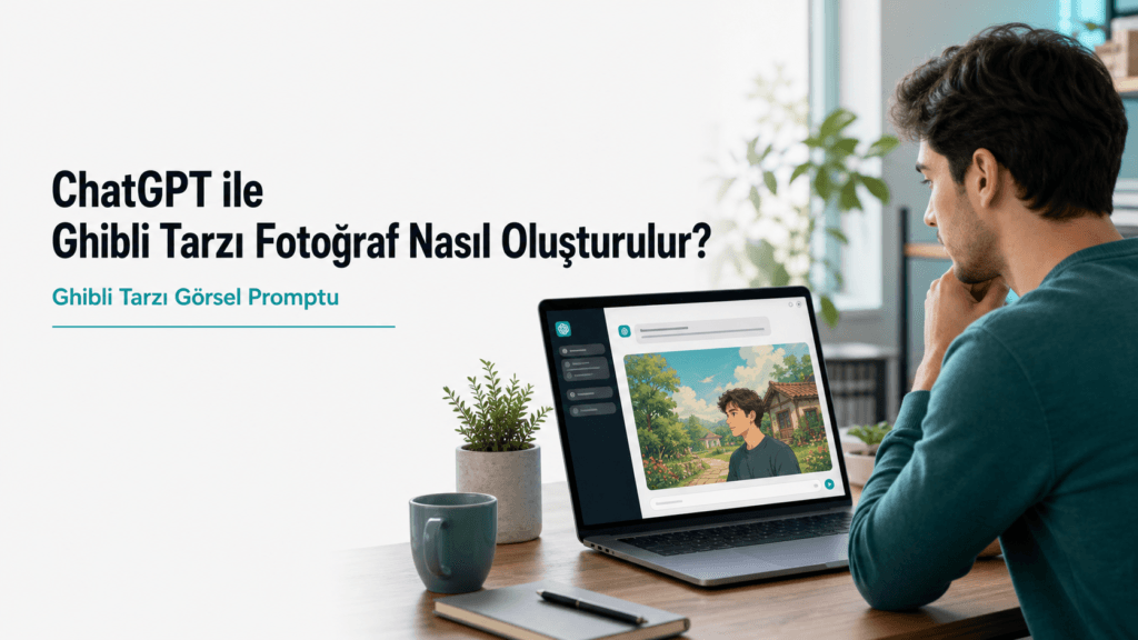 Bir adamın dizüstü bilgisayar ekranında ChatGPT ile oluşturulmuş Ghibli tarzında, pastel renkli anime görselini incelediğini gösteren görsel