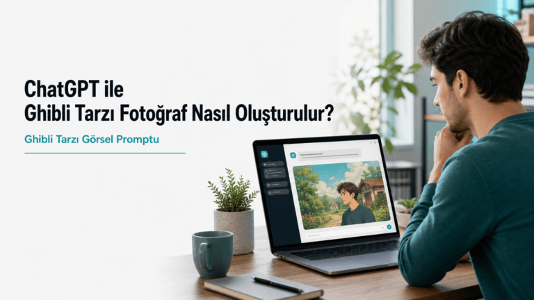 Bir adamın dizüstü bilgisayar ekranında ChatGPT ile oluşturulmuş Ghibli tarzında, pastel renkli anime görselini incelediğini gösteren görsel