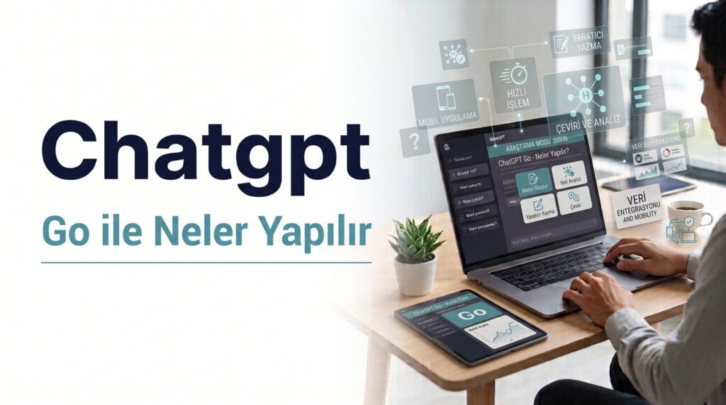 ChatGPT Go ile neler yapılabileceğini gösteren, dizüstü bilgisayarda metin oluşturma, veri analizi, yaratıcı yazma ve çeviri özelliklerinin simgelerle anlatıldığı görsel