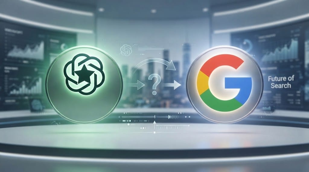 ChatGPT ve Google logolarının karşı karşıya geldiği, arama motorunun geleceğini simgeleyen kavramsal görsel