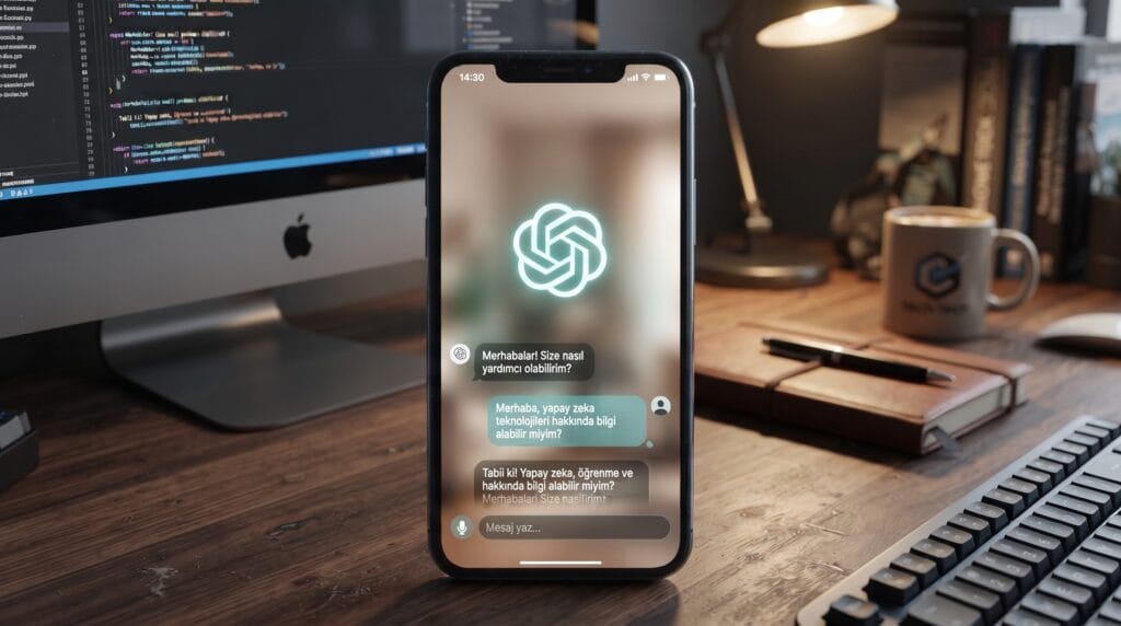 iPhone ekranında ChatGPT sesli sohbet arayüzü, masaüstü bilgisayar ve kod ekranı arka planda