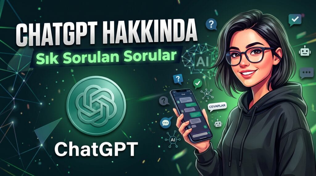 ChatGPT hakkında sık sorulan sorular kapak görseli, telefon ekranında sohbet arayüzü ve yapay zeka ikonları