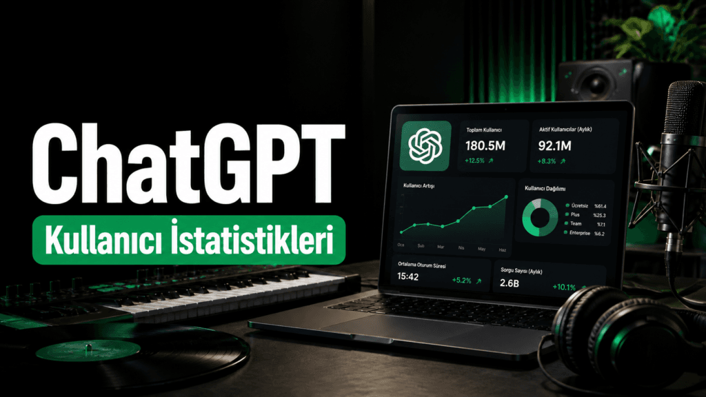 ChatGPT kullanıcı istatistikleri kapak görseli, dizüstü bilgisayar ekranında kullanıcı büyümesi ve dağılım grafikleri