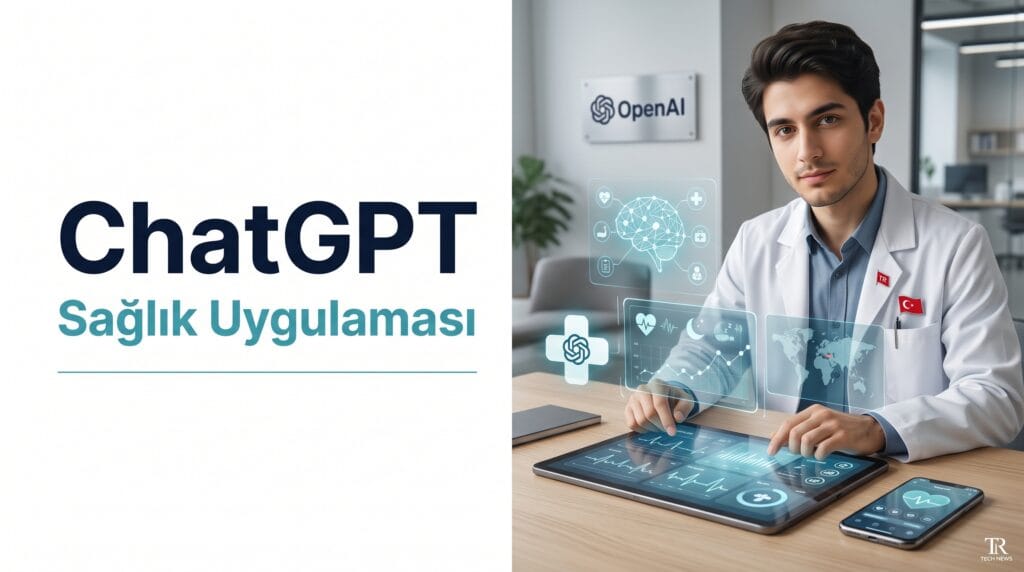 Beyaz önlüklü bir doktorun tablet üzerinde ChatGPT sağlık uygulaması ile hasta verilerini, nabız ve uyku grafiklerini incelediğini gösteren görsel
