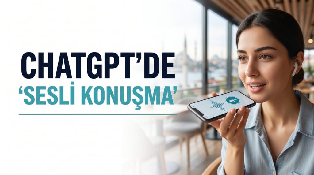 Bir kadının telefonuna konuşarak ChatGPT ile sesli sohbet ettiğini gösteren, ekranında ses dalgası görselleştirmesi bulunan fotoğraf