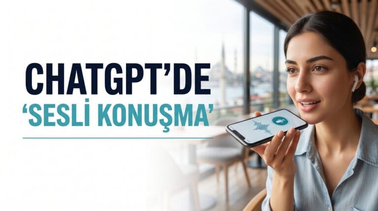 Bir kadının telefonuna konuşarak ChatGPT ile sesli sohbet ettiğini gösteren, ekranında ses dalgası görselleştirmesi bulunan fotoğraf