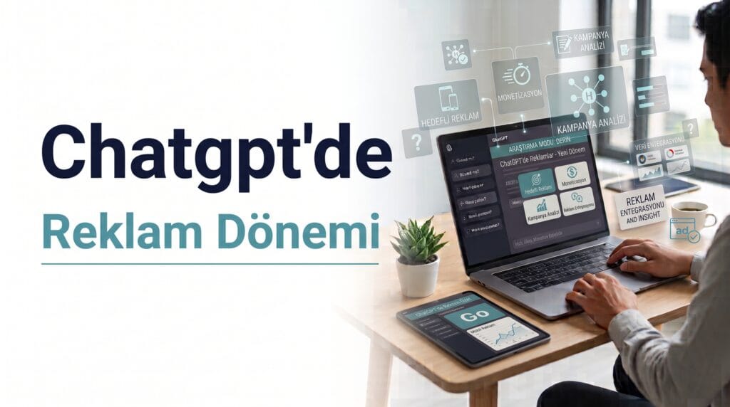 ChatGPTde Reklam Dönemi başladığını gösteren, dizüstü bilgisayarda hedefli reklam, monetizasyon, kampanya analizi ve reklam entegrasyonu simgelerinin yer aldığı görsel