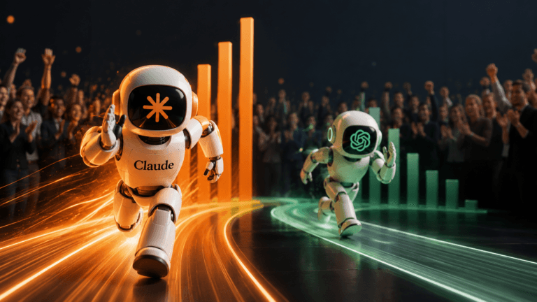 Claude ve ChatGPT robotları bir yarış pistinde koşarken, Claude turuncu ışıklı yolda önde, ChatGPT yeşil ışıklı yolda arkada, arkalarında alkışlayan bir kalabalık ve yükselen çubuk grafikler