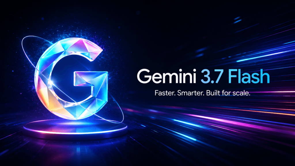 Gemini 3.7 Flash logosu, kristal G harfi ve hız çizgileriyle tanıtım görseli