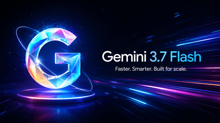 Gemini 3.7 Flash logosu, kristal G harfi ve hız çizgileriyle tanıtım görseli